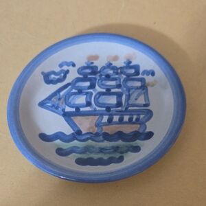 M.A. Hadley Art Pottery Hand-Painted Blue Ship Art Mini Plate Coaster 4.25 Inch